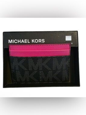 Michael Kors NEW In Box Black Card Case with Hot Pink Interior Giftable